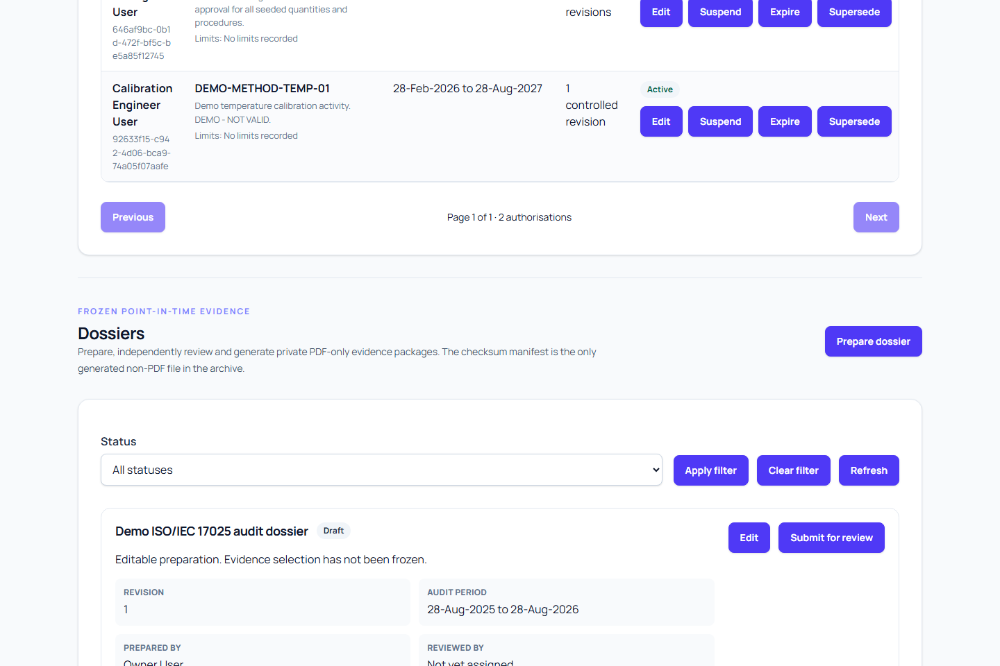 ISO audit dossier workspace showing scope, reporting period and evidence preparation